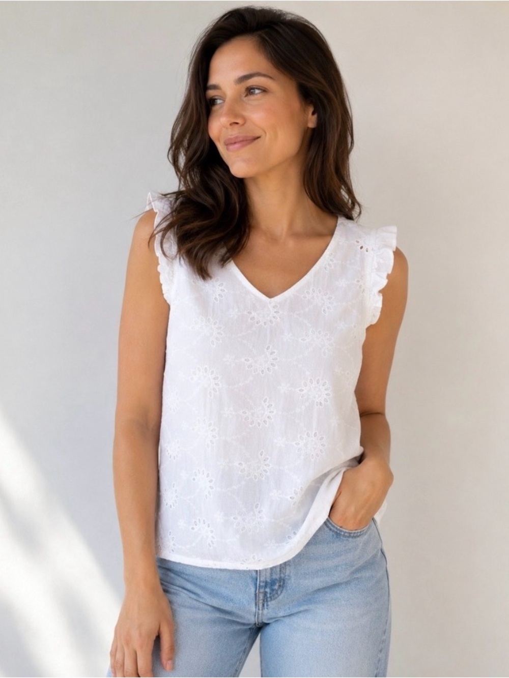 White Eyelet V-Neck Ruffle Sleeve Blouse